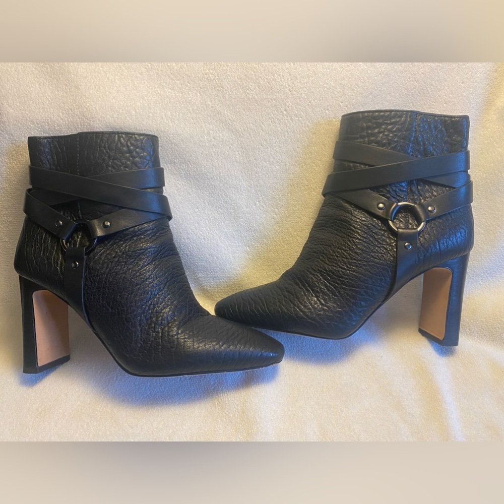Vince Camuto Black Leather Pointed Ankle Boots with Wrap Strap